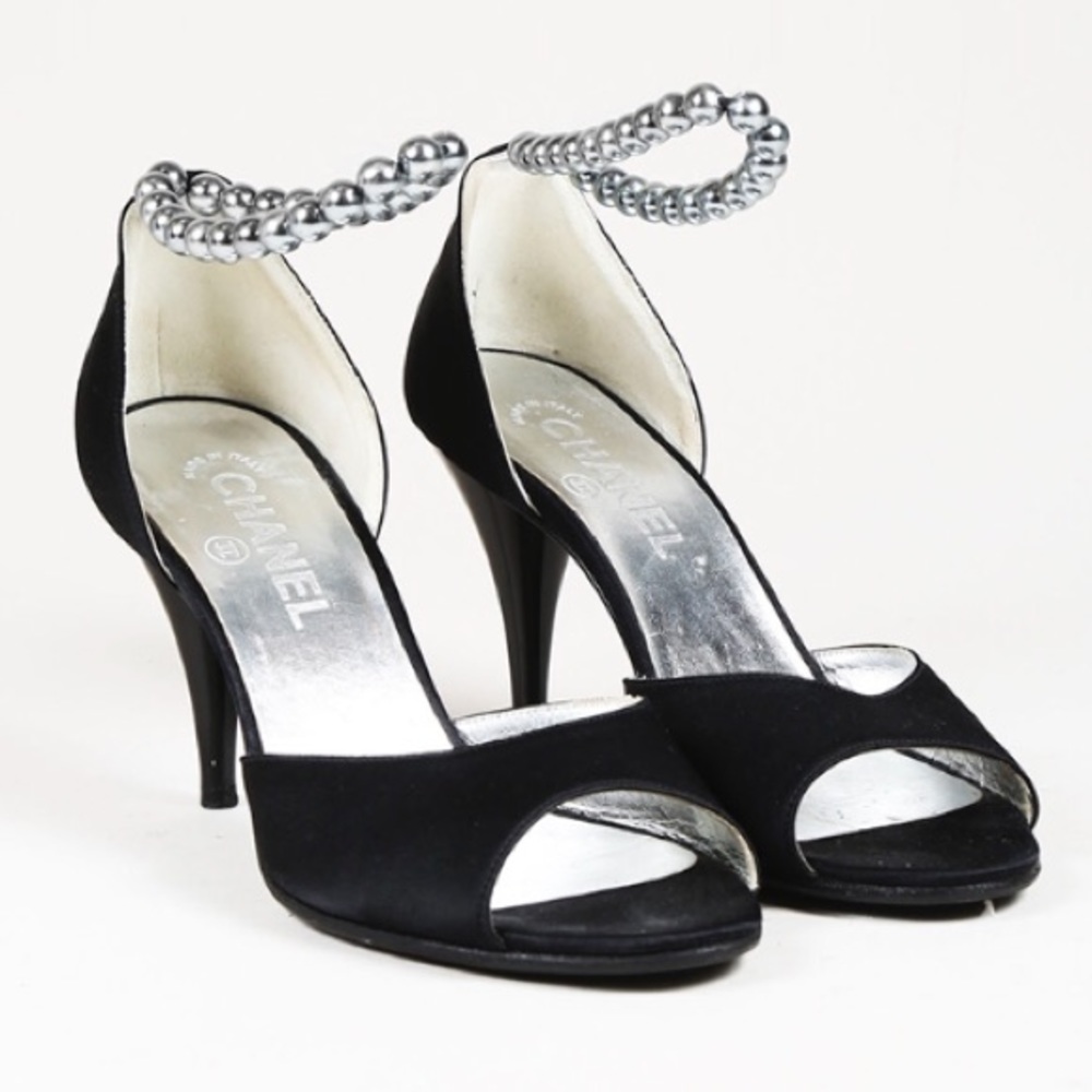 Chanel black satin heel w/ black pearl anklet